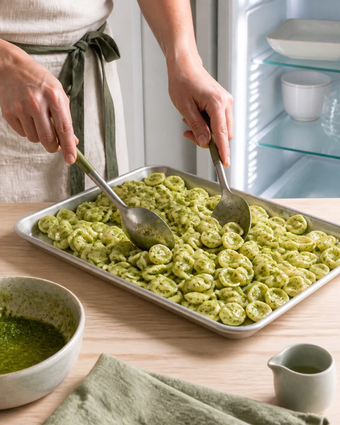To hænder vender lun orecchiette med grøn urtedressing og fordeler pastaen i et tyndt lag på et lavt fad foran køleskabet