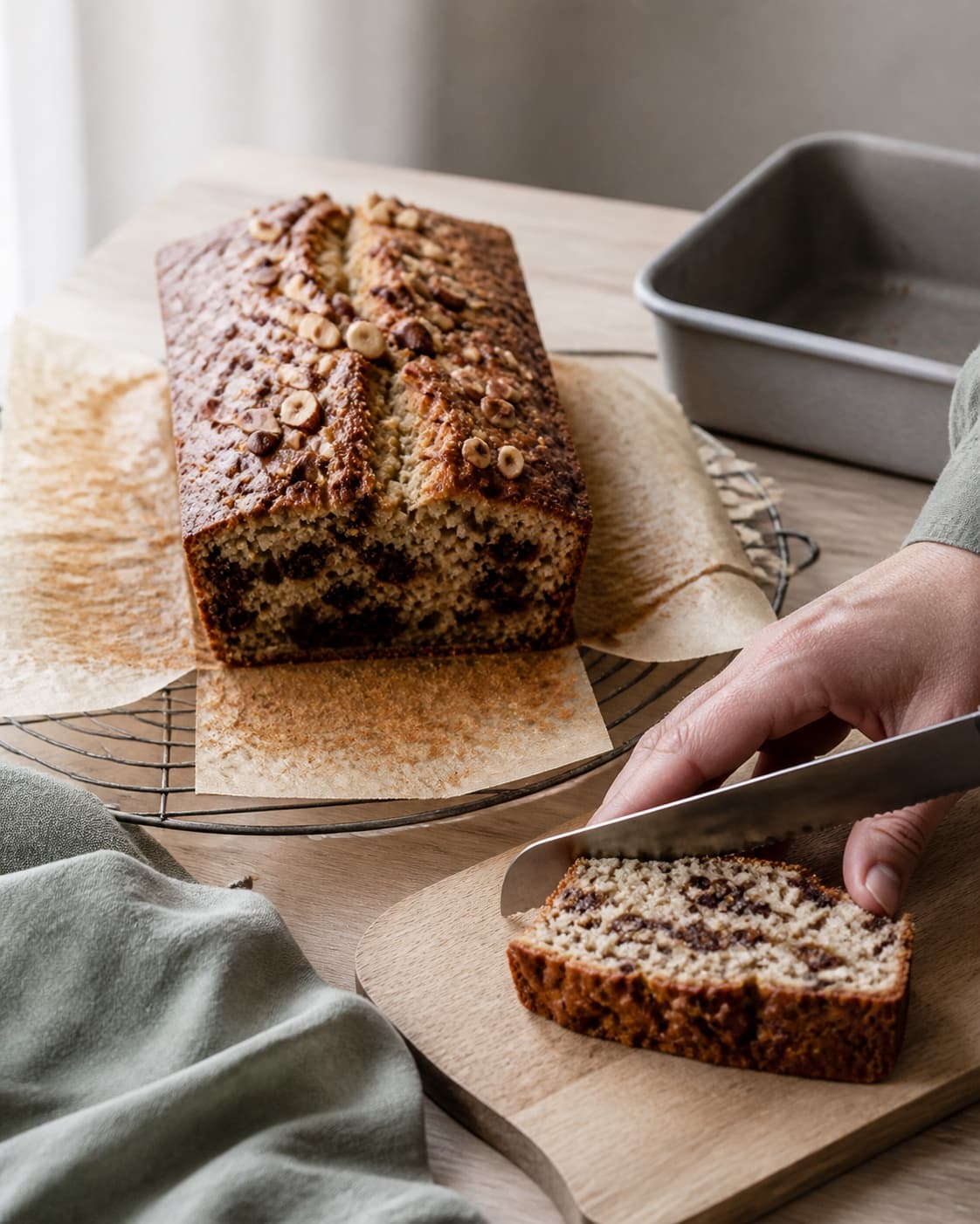 En hånd skærer det helt afkølede bananbrød med savtakket kniv og viser en fast saftig krumme med chokolade og nødder