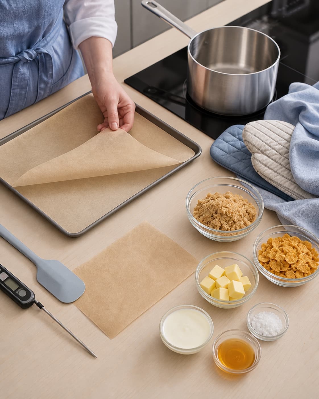 En hånd kontrollerer bagepapiret på en fri tør arbejdsstation med afmålte ingredienser, lang spatel, termometer og grydelapper