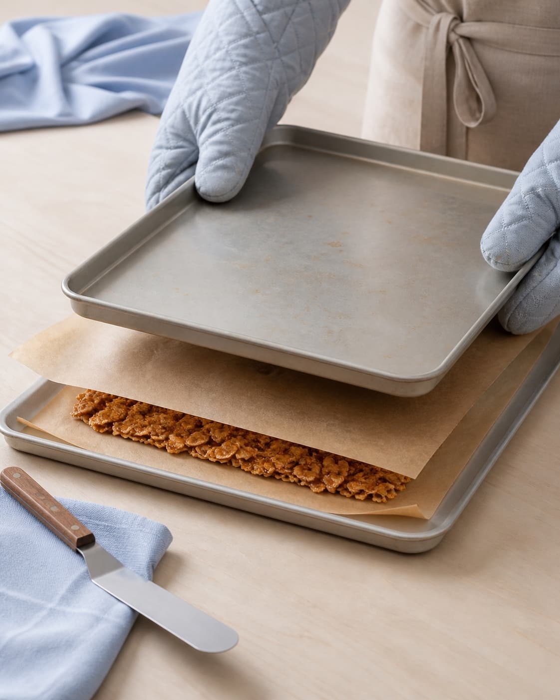 To ovnhandsker presser en bageplade jævnt over bagepapiret, så de varme karamelovertrukne cornflakes bliver et tyndt lag