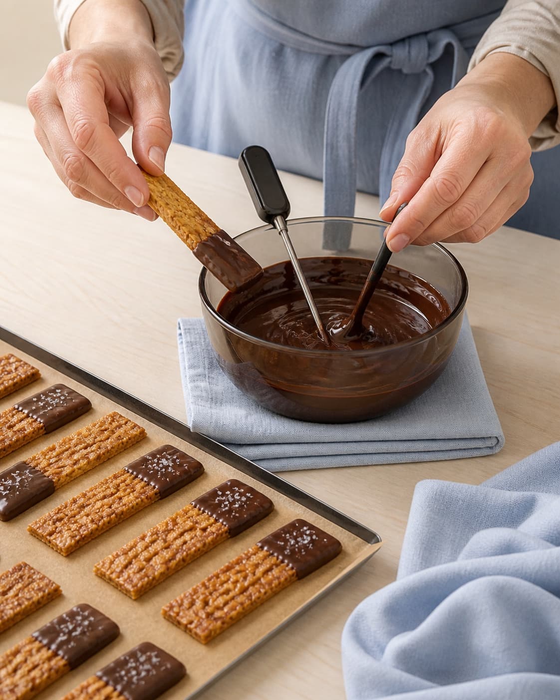 En hånd dypper enden af en helt kold cornflakes-cracker i blank tempereret mørk chokolade ved tør skål og termometer