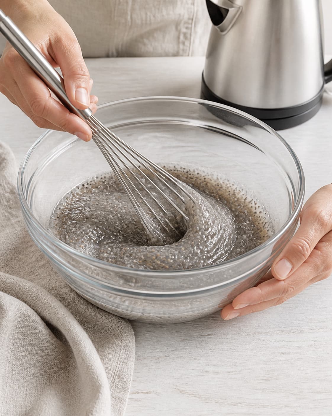 To hænder rører den tykke blanke gel af chia og loppefrø efter hviletid, mens kedlen står sat sikkert væk