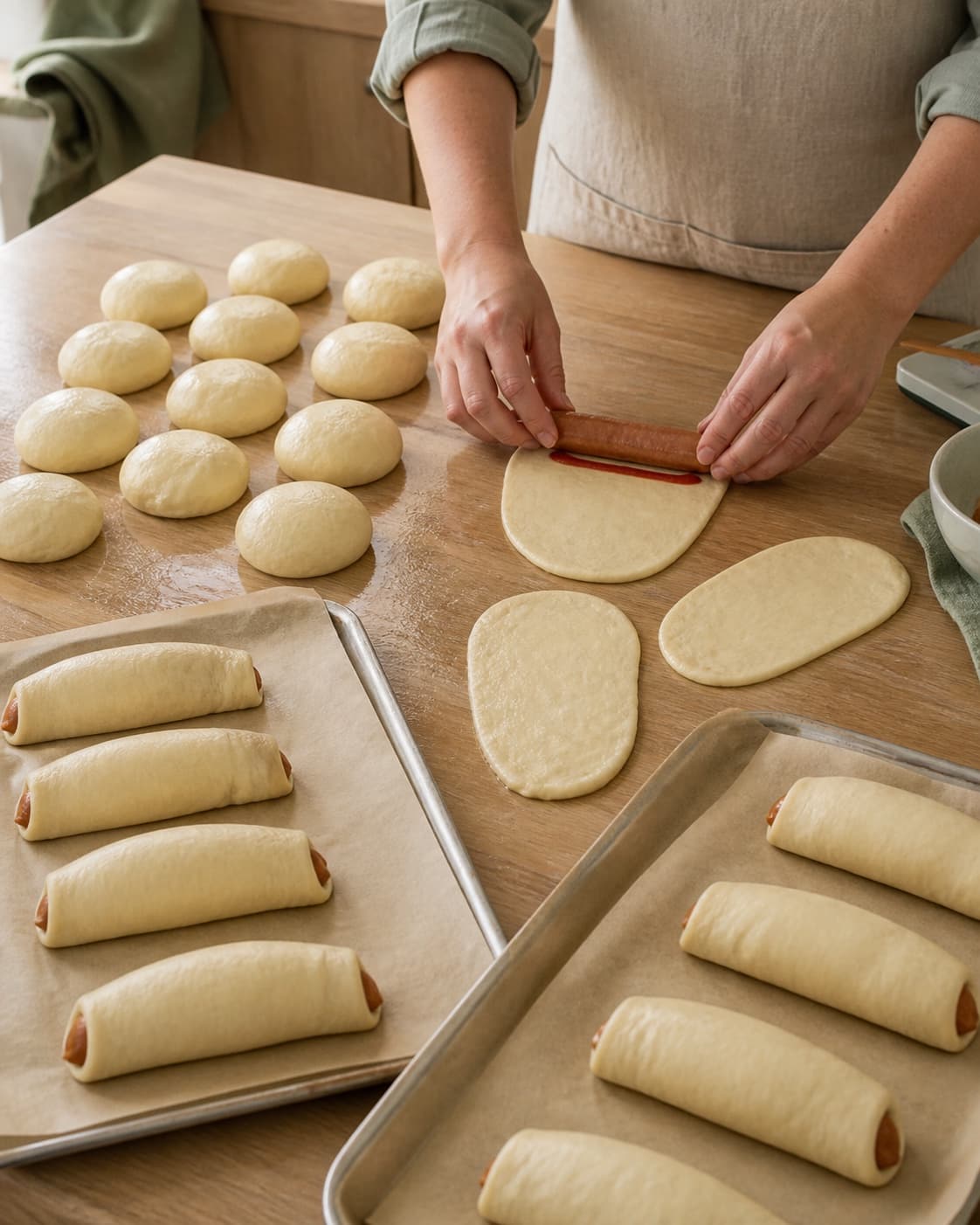 To hænder ruller en tør pølse tæt ind i en ens dejoval med en tynd ketchupstribe ved to plader med samlingen nedad