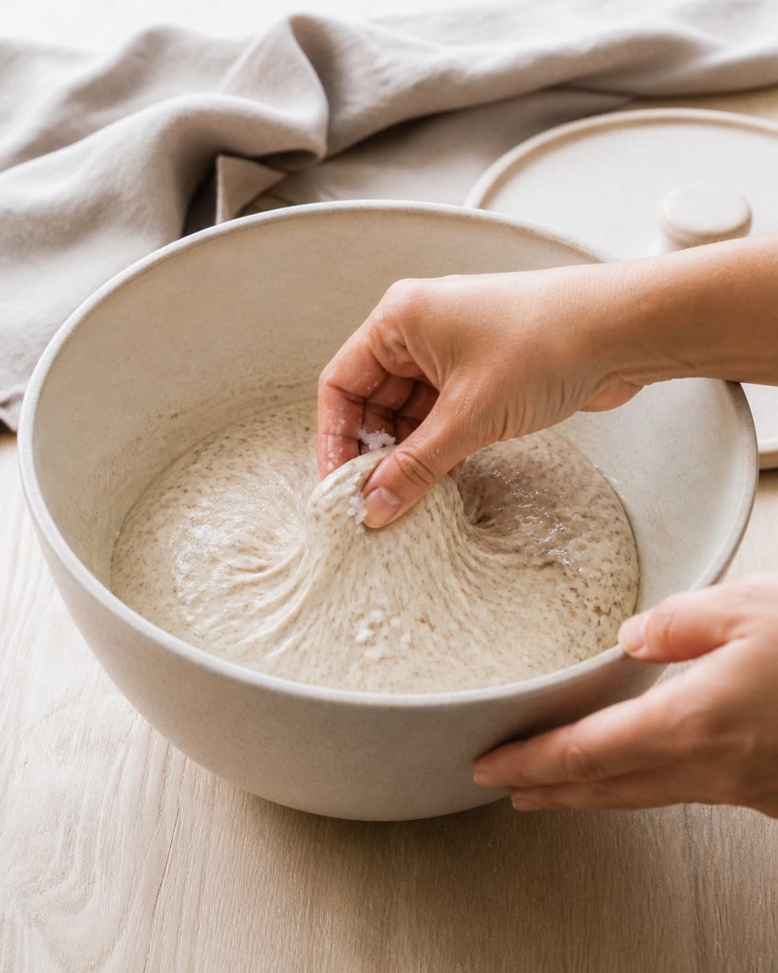 En fugtet hånd klemfolder salt i den hvilede klistrede surdej uden tørre mellommer, mens den anden holder skålen