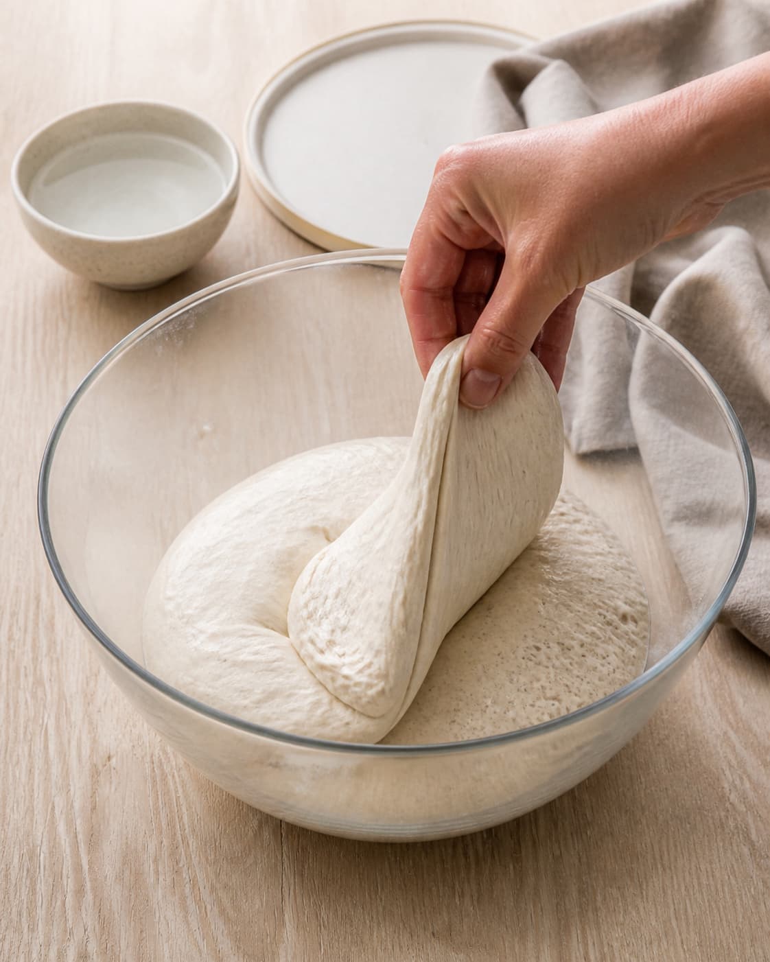 En våd hånd løfter en elastisk dejkant roligt over midten i den klare skål med små bobler og glat kuppel