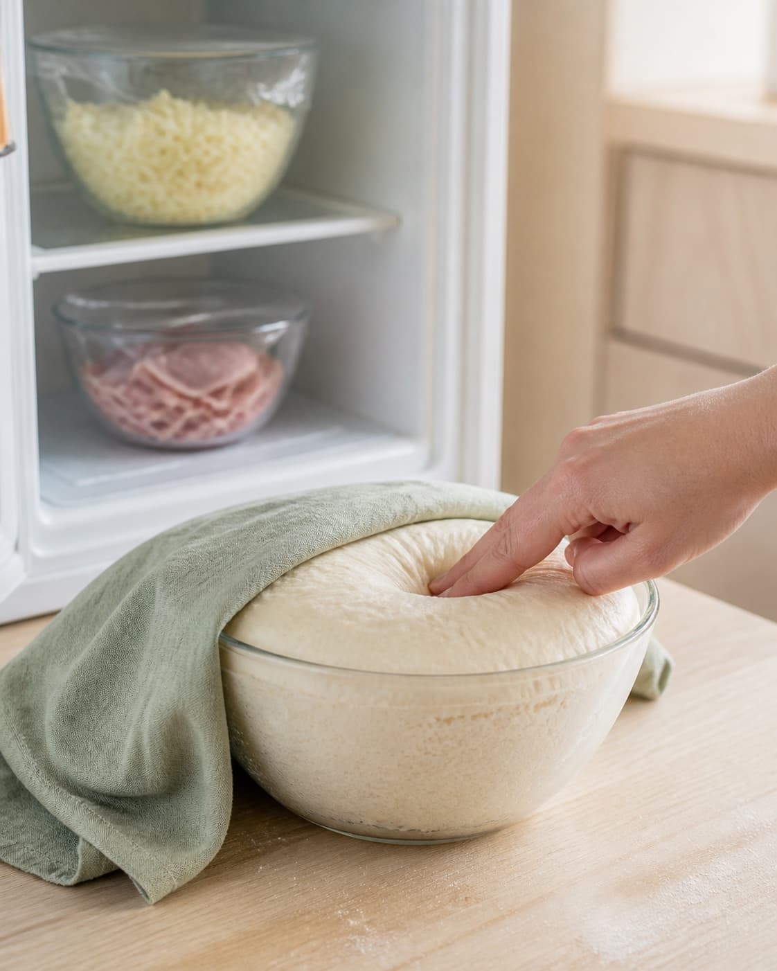 En hånd tester langsom tilbagespringning i den næsten dobbelt hævede dej, mens kold skinke og mozzarella står dækket i køleskabet