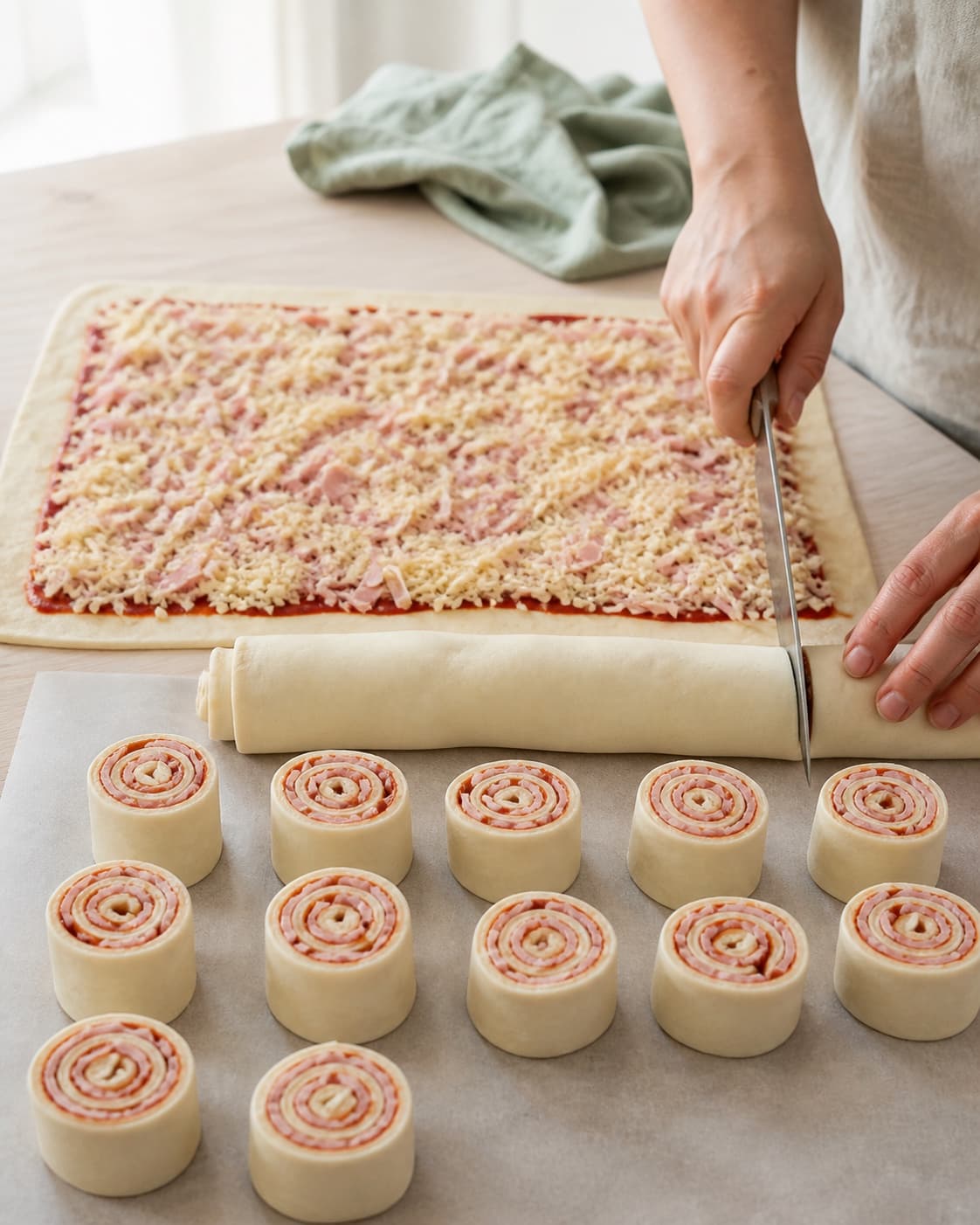 En skarp kniv skærer den tætte dejrulle med kold tomatsauce, skinke og mozzarella i ens oprejste spiraler