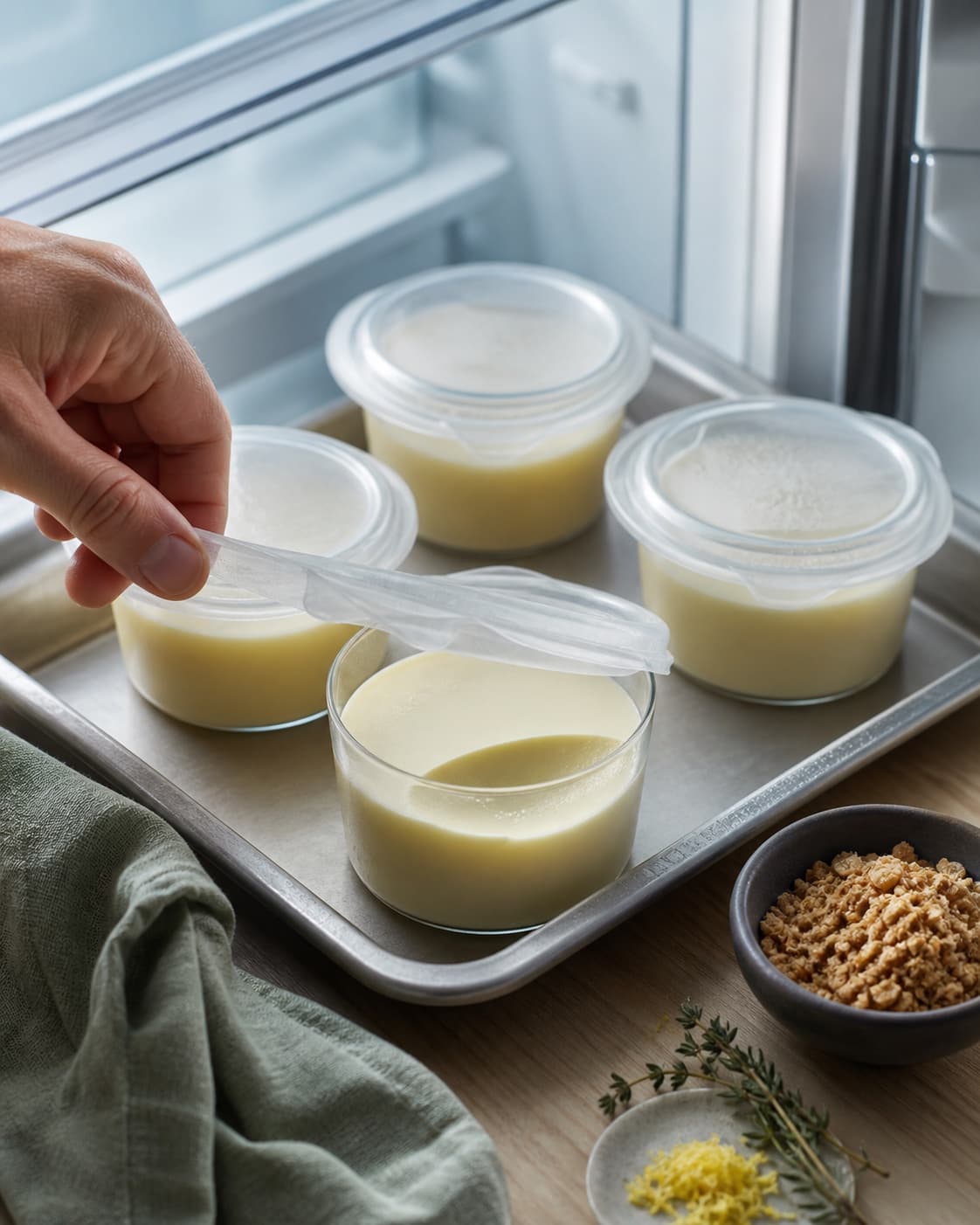 Fire kolde glas lemon posset står tildækket på metalbakke, mens låget løftes fra den glatte faste forreste portion