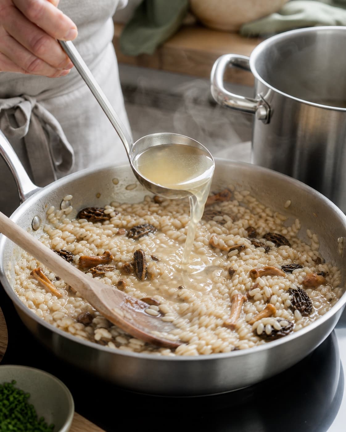 Varm fond hældes gradvist i den bølgende risotto med gennemstegte morkler og østershatte, mens hele riskorn stadig har bid