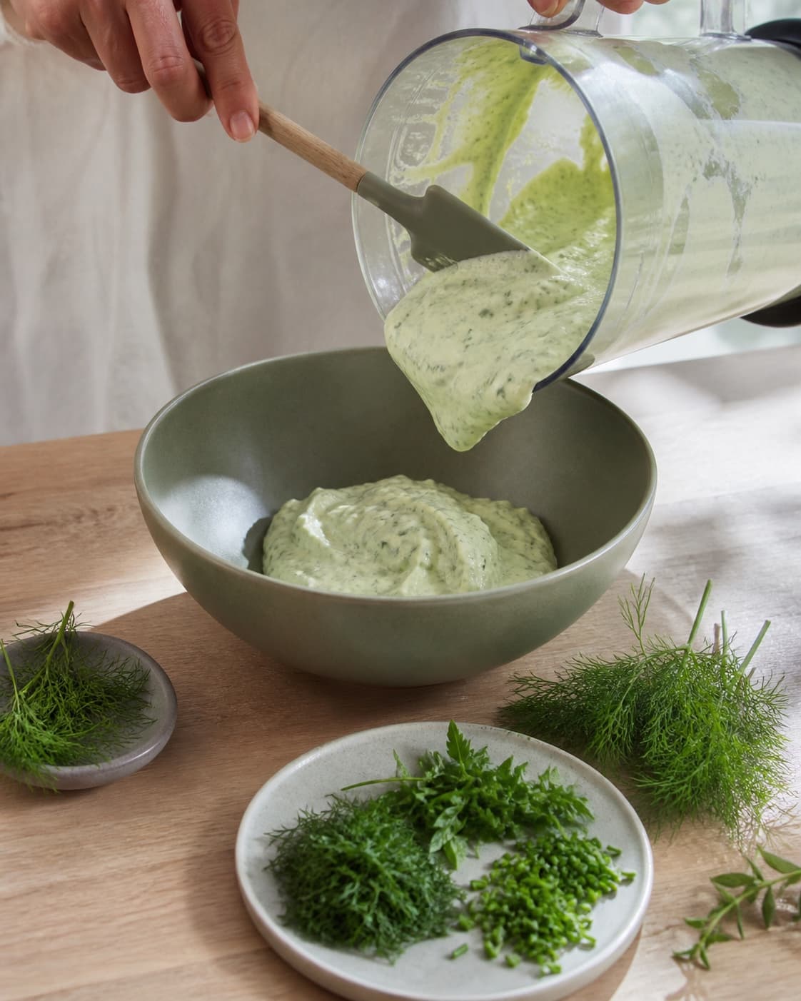 Lys grøn ske-fast skyrcreme skrabes fra blenderkanden ned i en kold skål ved siden af finthakkede og hele friske urter