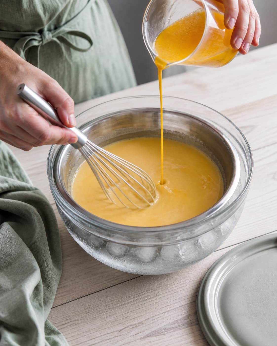 Kold orange sirup piskes i den kolde varmebehandlede isbase i en metalskål, som står dybt i et klart isbad