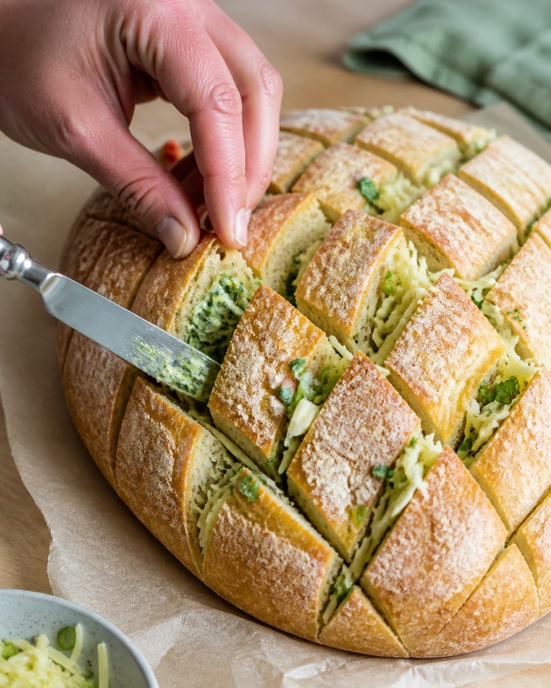 En paletkniv fordeler grønt urtesmør helt ned i brødlommerne, hvor Havarti, mozzarella og forårsløg allerede ligger jævnt