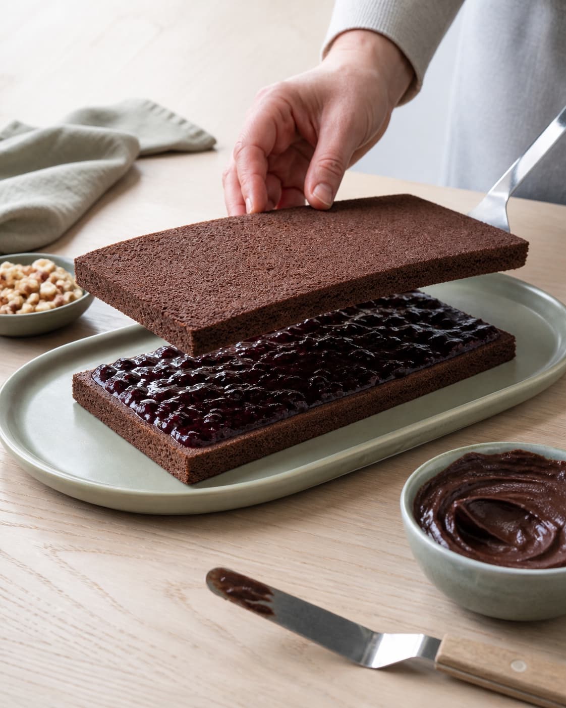 Det andet lige chokoladelag sænkes over en tynd blank solbærfuge med fri kant, mens ganache og hasselnødder venter ved siden af
