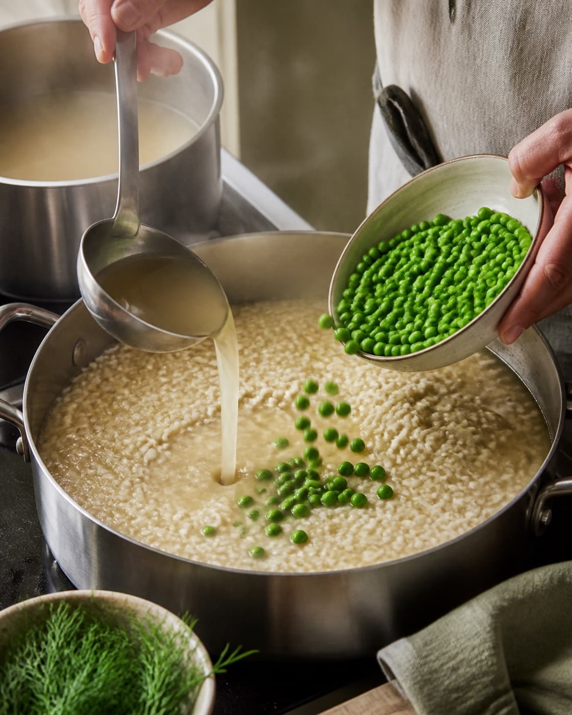 Varm fond tilsættes den flydende al dente-risotto, samtidig med at klart grønne hele ærter foldes i sent i kogningen