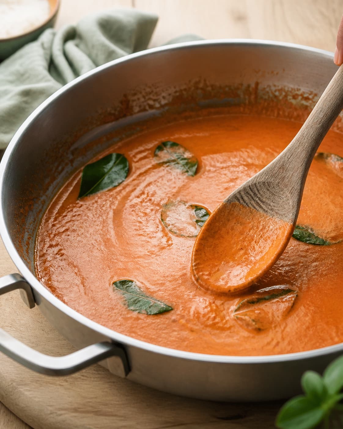 Blank rødorange Panang-kokossauce med makrut-limeblade hænger let ved træskeen efter ristet karrypasta og rolig reduktion