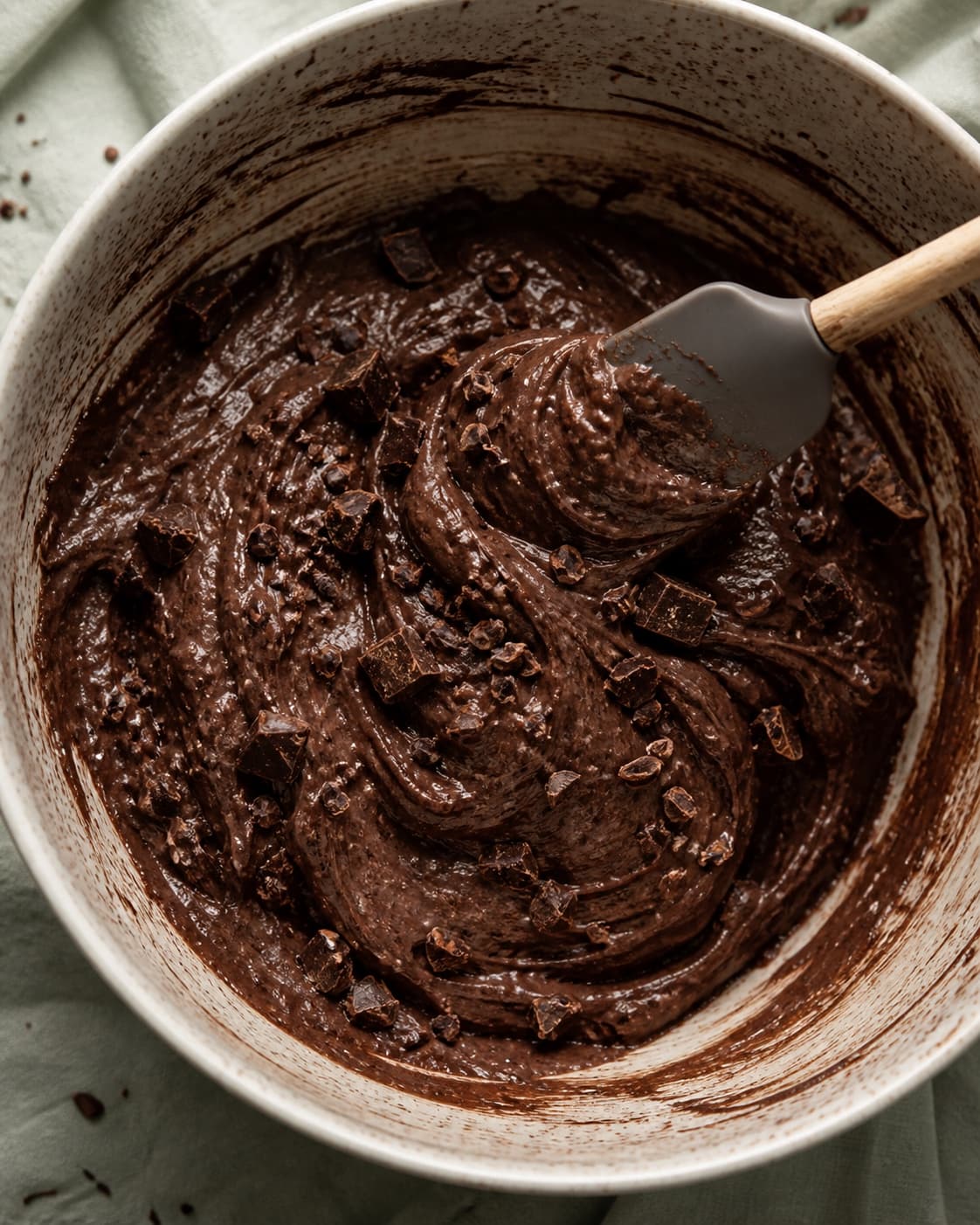Tyk blank chokoladedej foldes kort med dejskraber, mens mørke chokoladestykker og kakaonibs netop fordeles uden tørre mellommer