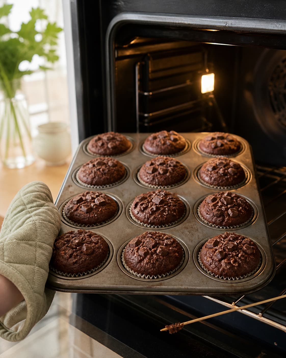 Tolv ens chokolademuffins med høje faste kupler trækkes fra ovnen, og en træprøve bærer kun fugtige bagte krummer