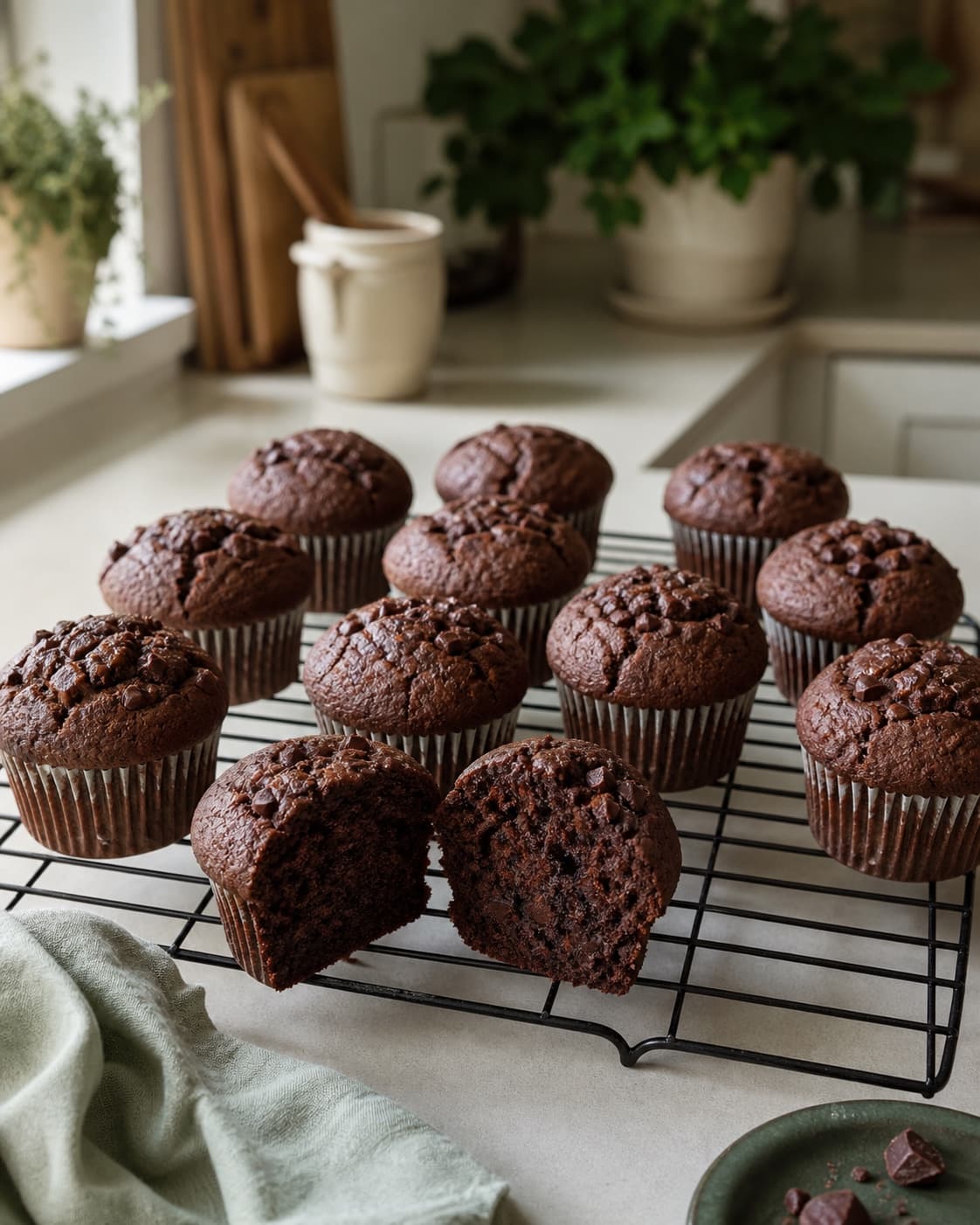 Høje chokolademuffins køler frit på rist, og en ren testmuffin er skåret igennem med fugtig men fuldt sat mørk krumme
