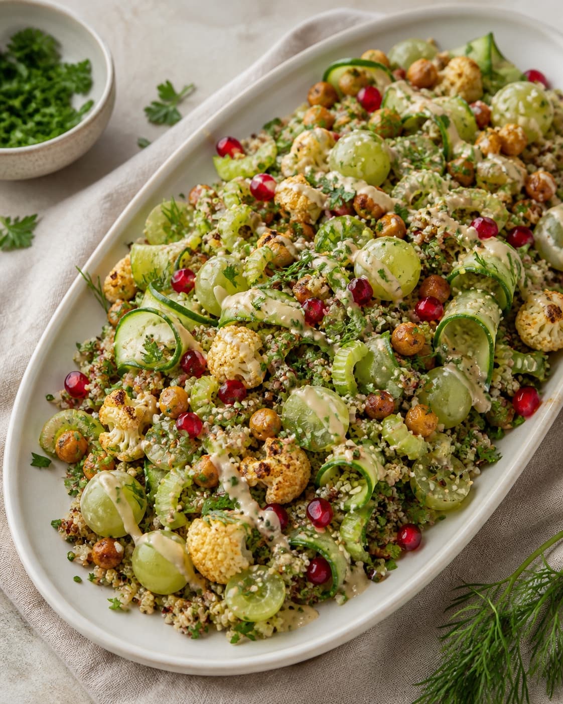 Luftig trefarvet quinoa samles med ristede kikærter, gylden blomkål, agurkebånd, selleri, grønne druer og tynde tahinbånd