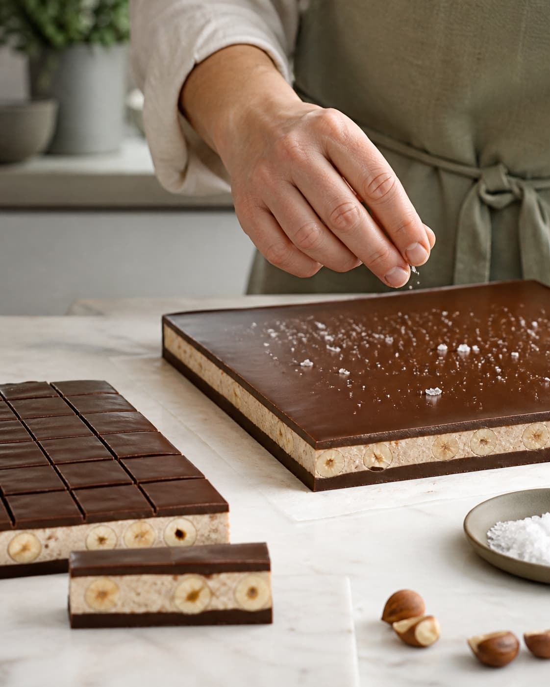 Hasselnødnougat lukkes mellem to tynde blanke mørke chokoladelag, drysses sparsomt med salt og skæres i rene fingerbarer