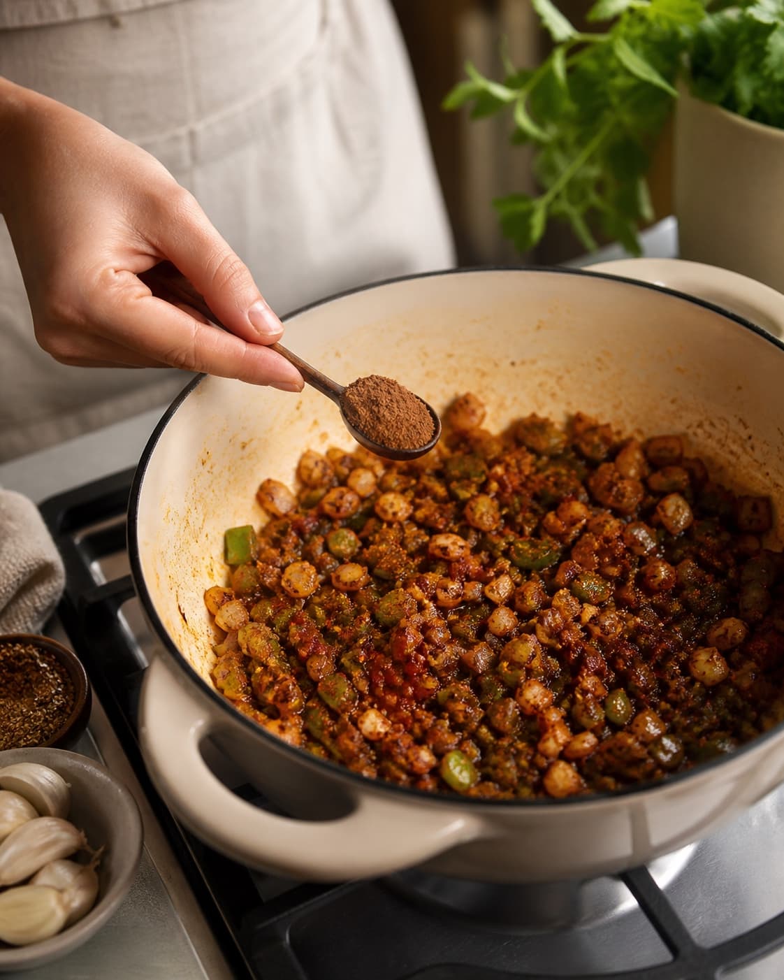 Bløde løg og grøn peber ristes med murstensrød tomatpuré og krydderier, mens kakao holdes klar til de sidste sekunder