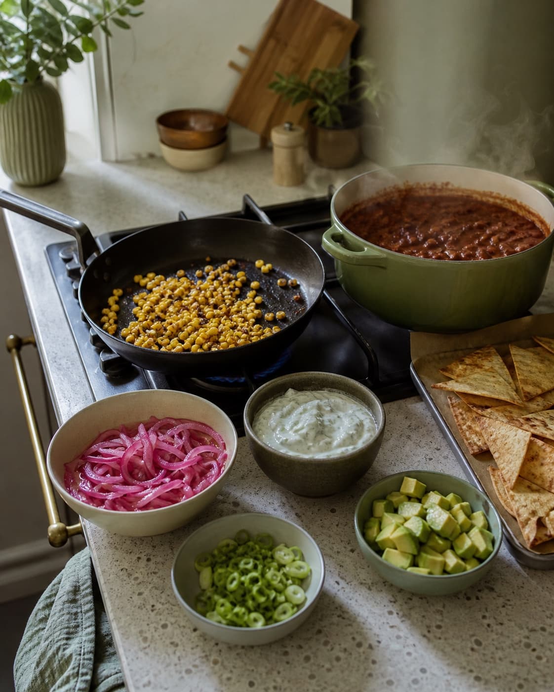 Majskerner får mørke charmærker på tør pande ved siden af rygende chili og separate kolde skåle med rødløg, lime-skyr og avocado
