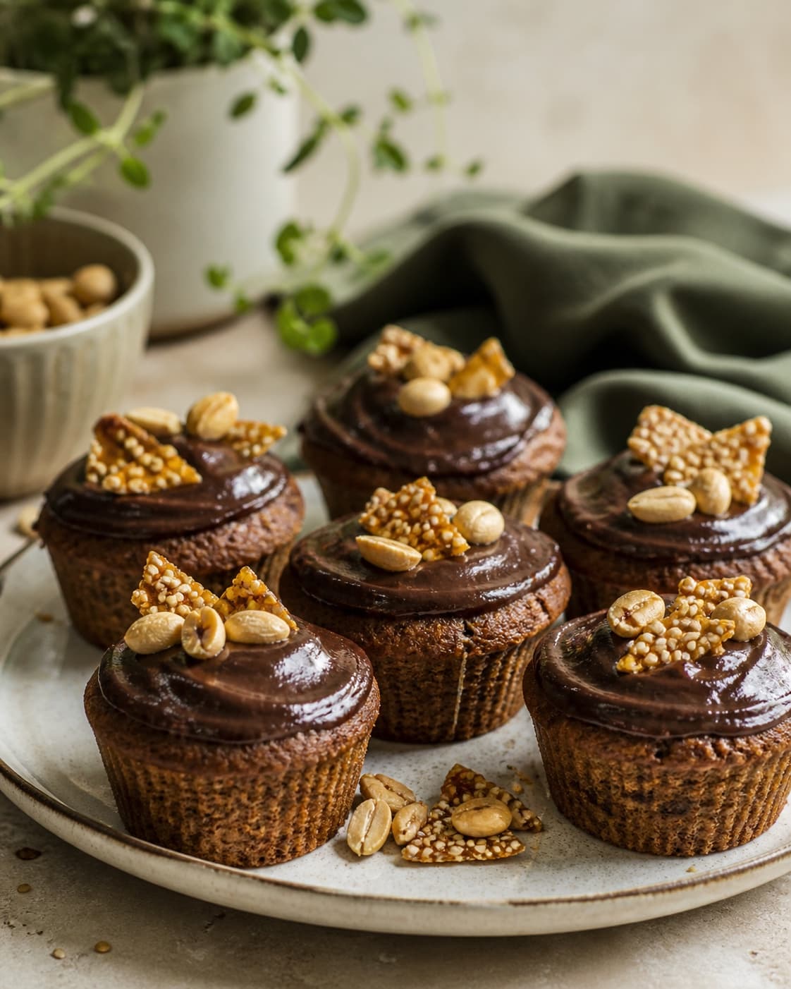 Blank glat dadel-kakaoglasur ligger i lave afmålte spiraler på kolde muffins med gyldne peanut-sesamflager og få peanuts