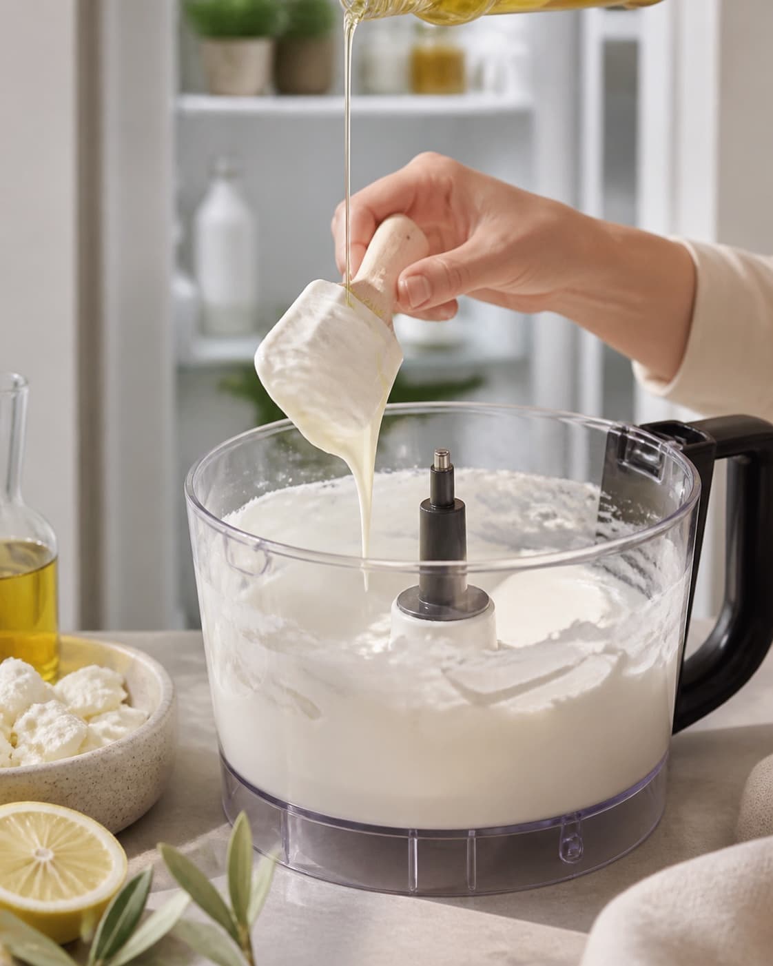 Olivenolie hældes i en tynd stråle i kold feta og skyr, der blender til en lys silkeblød creme med brede bølger