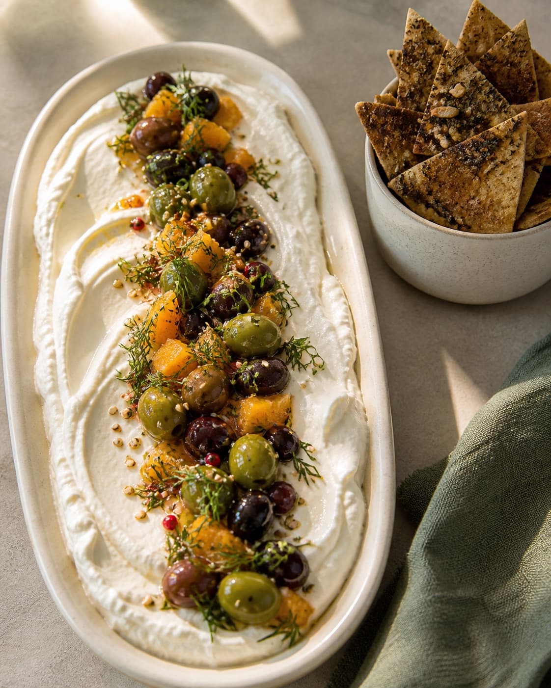 Blanke citrusoliven ligger i en smal stribe over kold rørt feta med brede bølger, mens zaatar-chips står tørre i separat skål