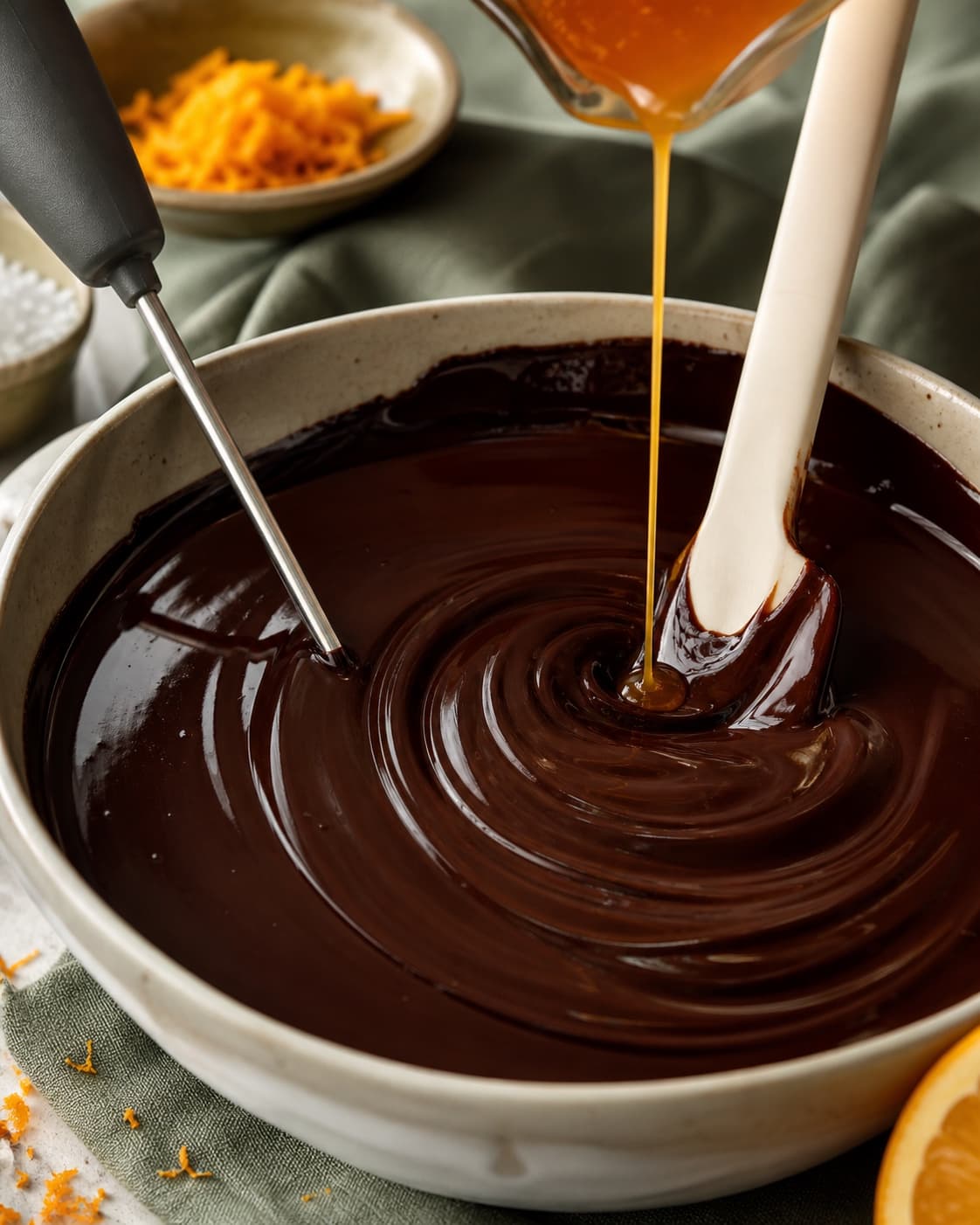 Varm appelsinreduktion hældes i en tynd tilsætning til smeltet mørk chokolade, som røres blank og elastisk fra midten