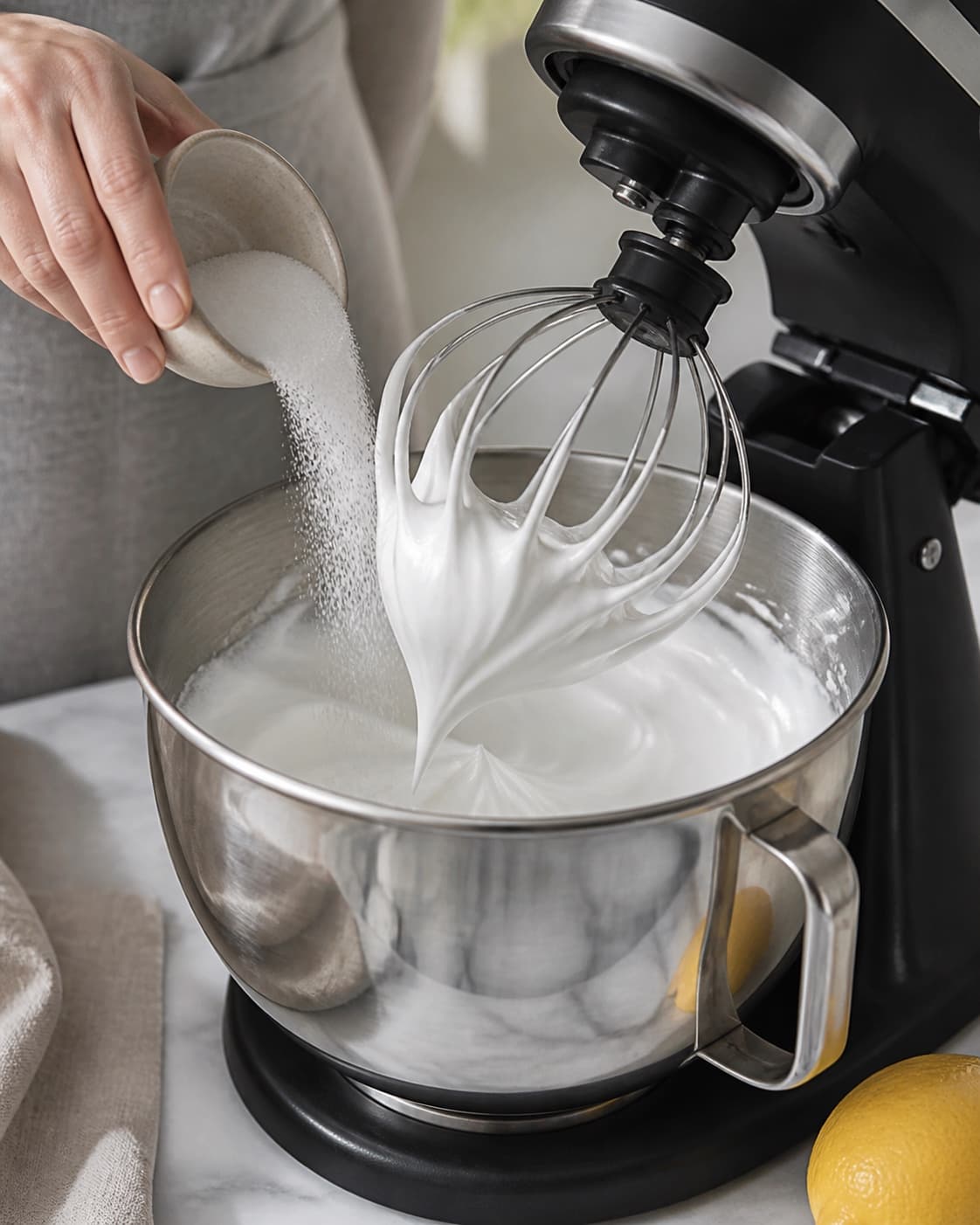 Fint sukker tilsættes gradvist til aquafaba i den fedtfri røreskål, mens den blanke marengs holder faste let bøjede toppe