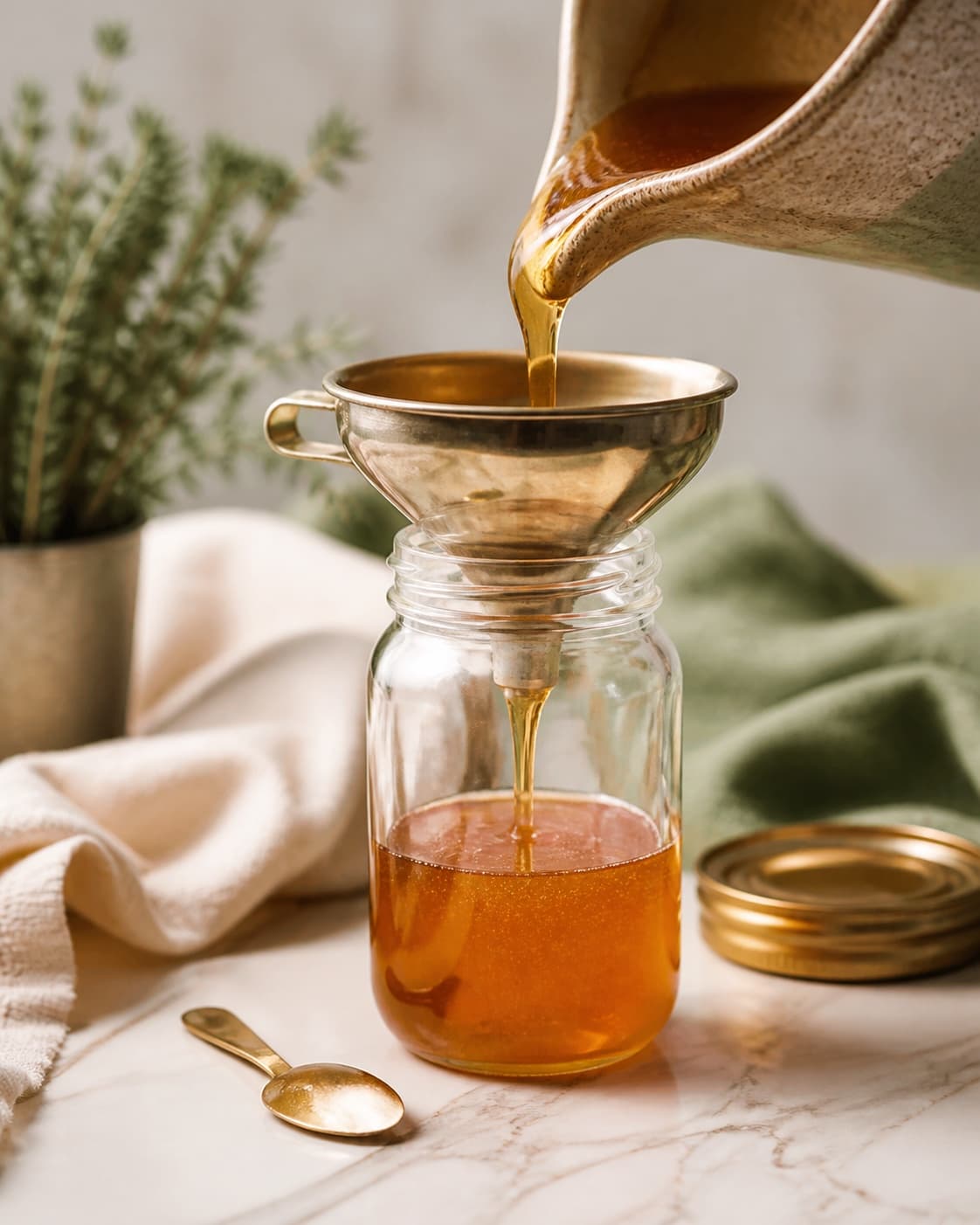 Varm klar hot honey hældes gennem en tør tragt i et skoldet fuldstændigt tørt glas, mens det tørre låg ligger åbent ved siden af