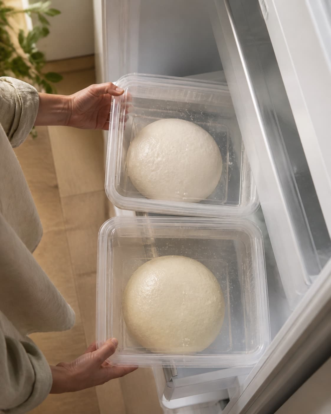 To luftige spændte pizzadejkugler med små bobler ligger med god plads i hver sin olierede lukkede boks på vej i køleskabet