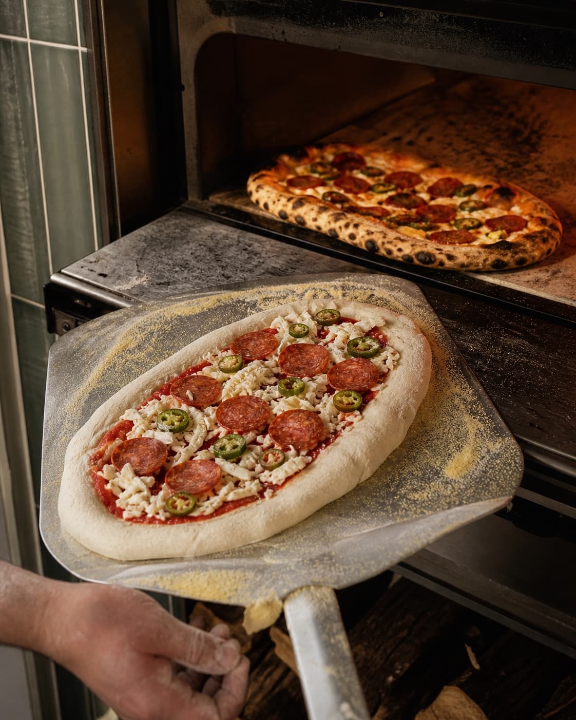 En aflang toppet pizza skydes fra semuljedrysset spade mod bagestålet, mens den bagte pizza bagved har mørk charplettet kant