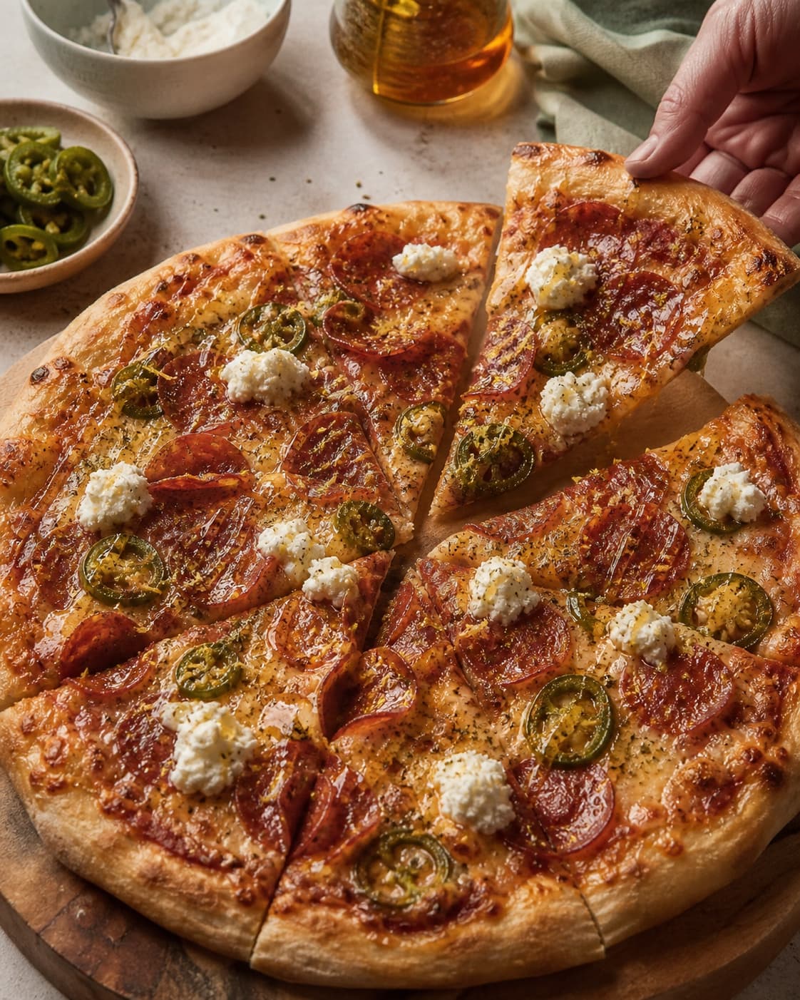 Fine blanke hot-honey-tråde og små kolde ricottaprikker lægges på den rygende pepperonipizza med jalapeño efter ovnen