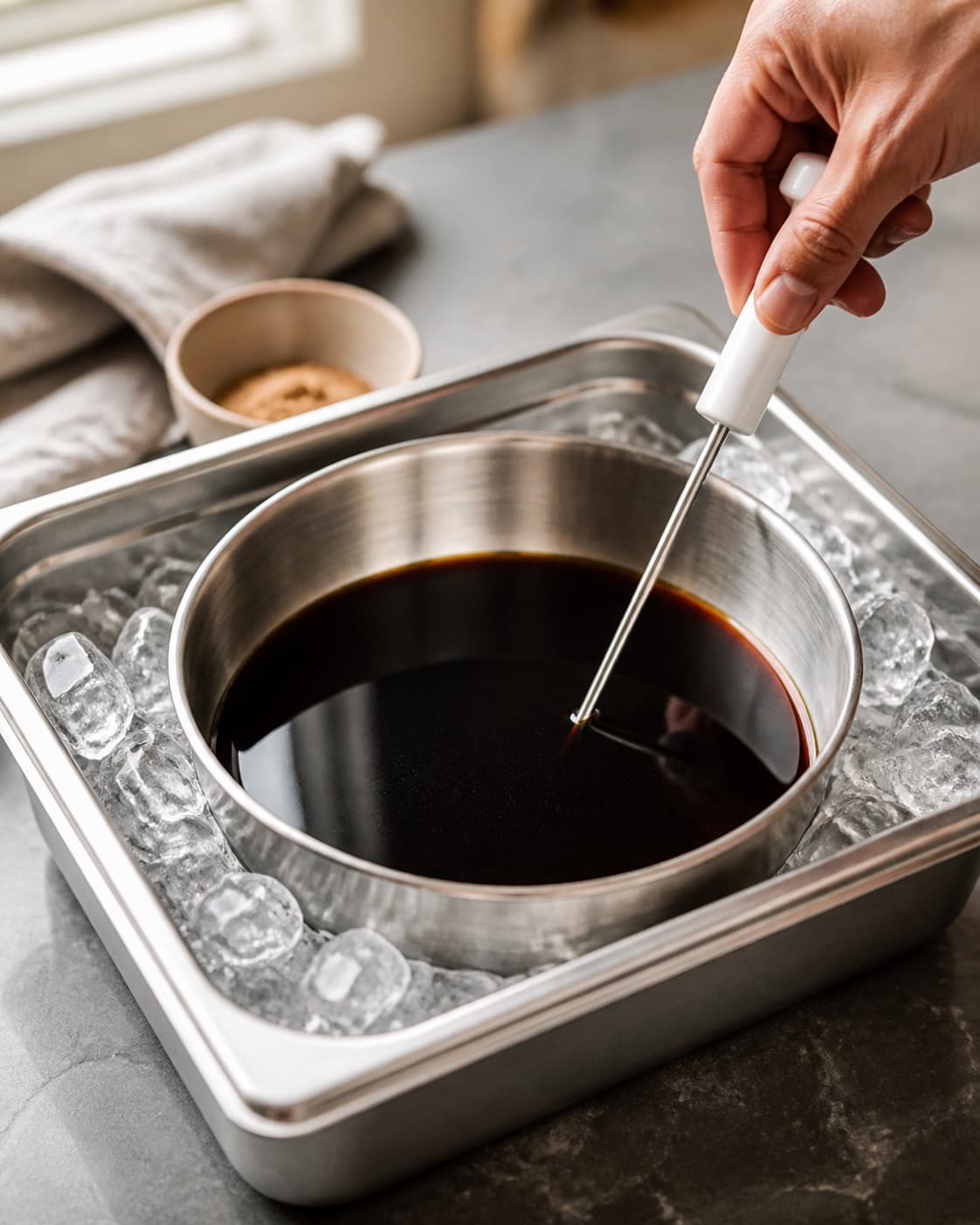 Mørk espresso køles hurtigt i en lav stålbeholder omgivet af is, mens et rent termometer kontrollerer den kolde kaffe