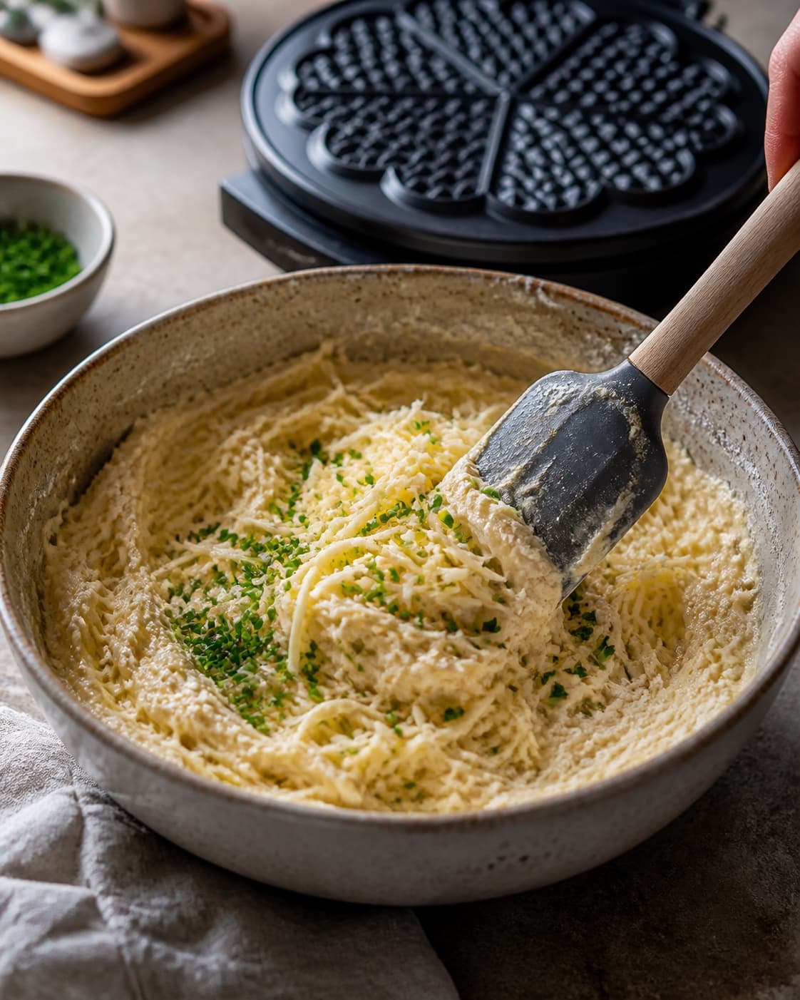 Revet Havarti, parmesan og fint purløg foldes med få brede tag i en tyk rustik vaffeldej ved det varme femhjertejern