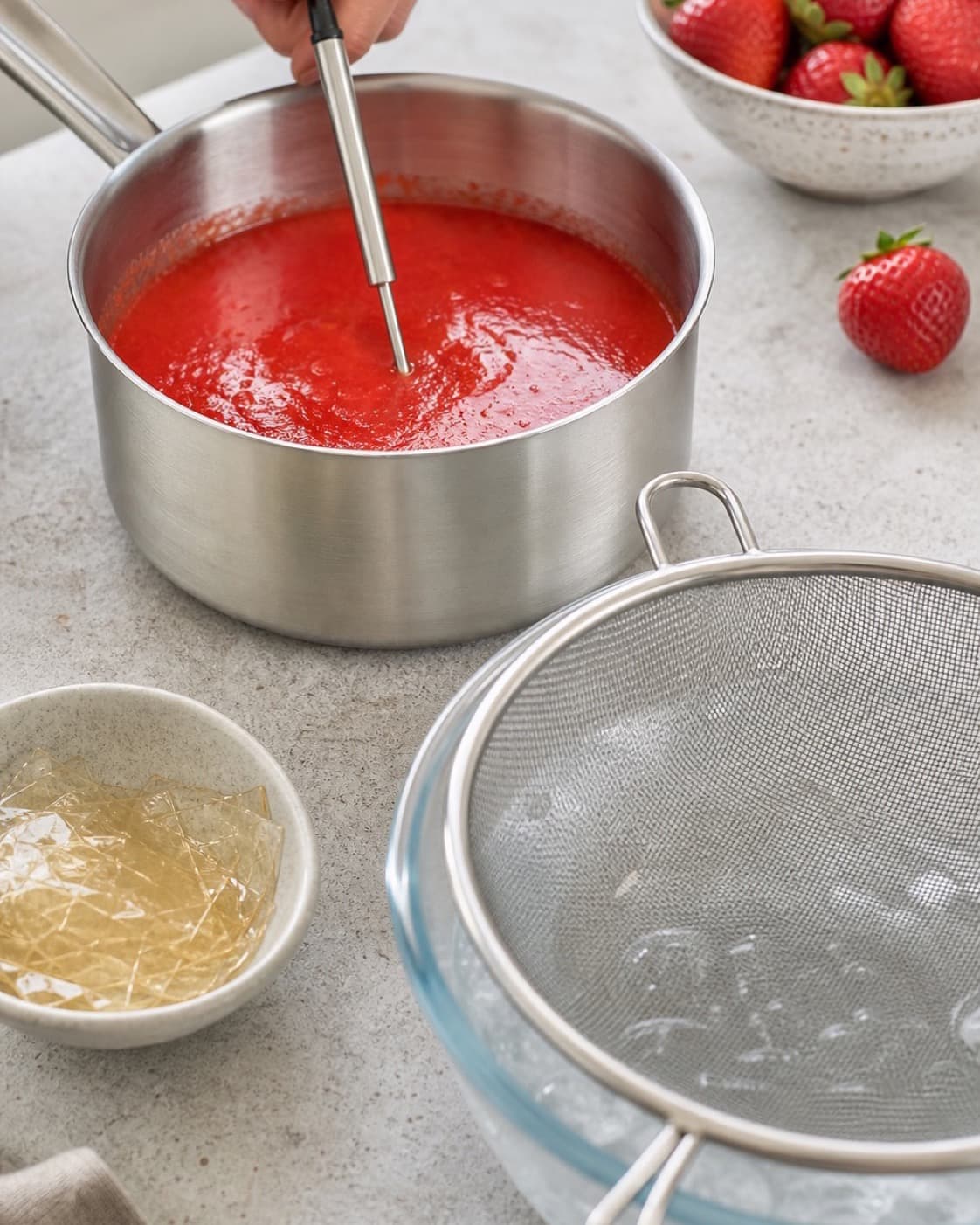 Glødende rød jordbærpuré temperaturmåles i gryden ved siden af udblødt gelatine, fin si og isbad til hurtig afkøling