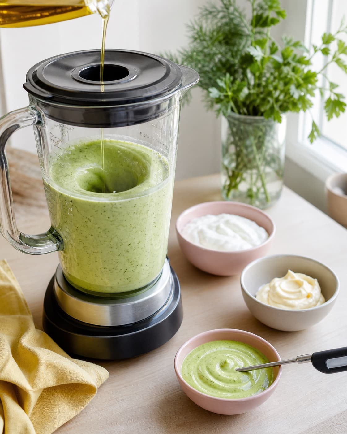 En tynd stråle rapsolie emulgeres i lys grøn dressing i lukket blender ved kolde skyr- og mayonnaiseskåle samt temperaturprøve