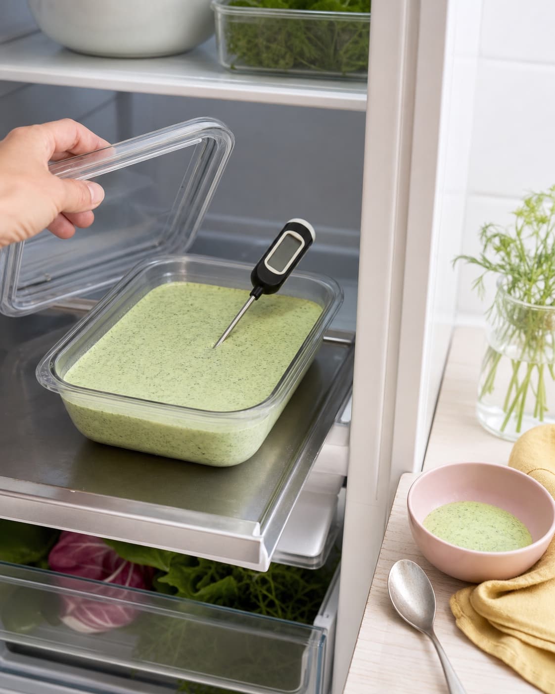 Den store tildækkede beholder med lysegrøn dressing temperaturmåles på køleskabshylden ved en lille separat serveringsportion