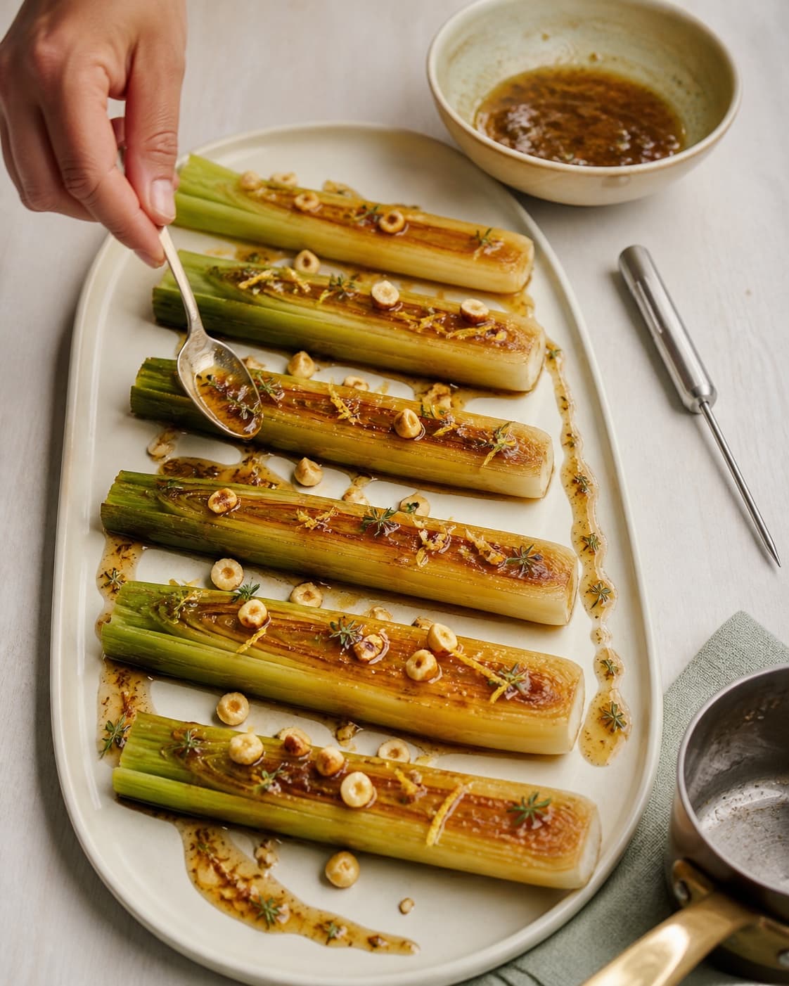 Seks smørstegte porrehalvdele får smalle linjer blank brunet-smørvinaigrette med halve hasselnødder, timian og syltet citron