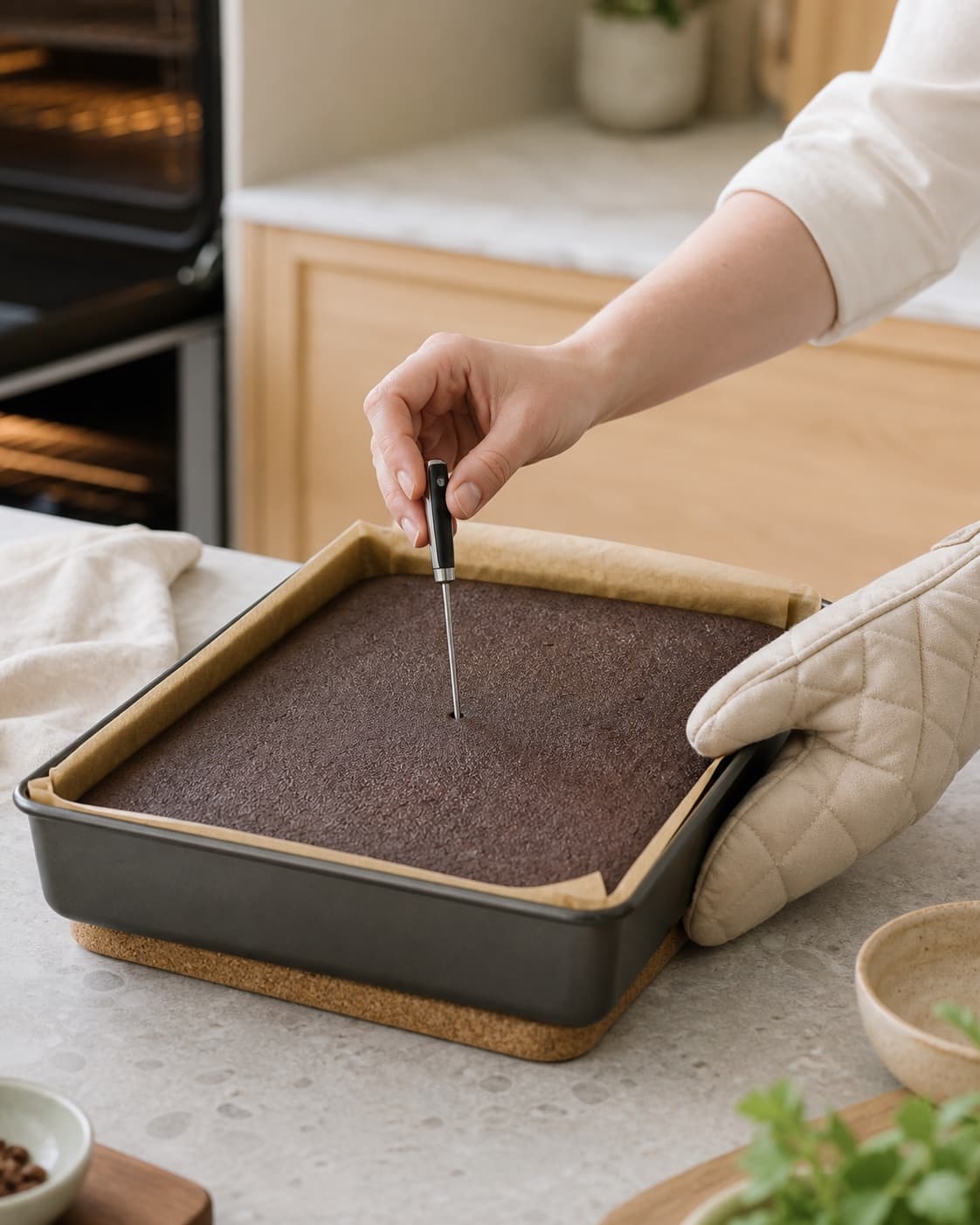 En jævnt hævet mat chokoladekage måles sikkert i midten med temperaturprobe, mens den varme metalform står på en tyk varmefast bordskåner