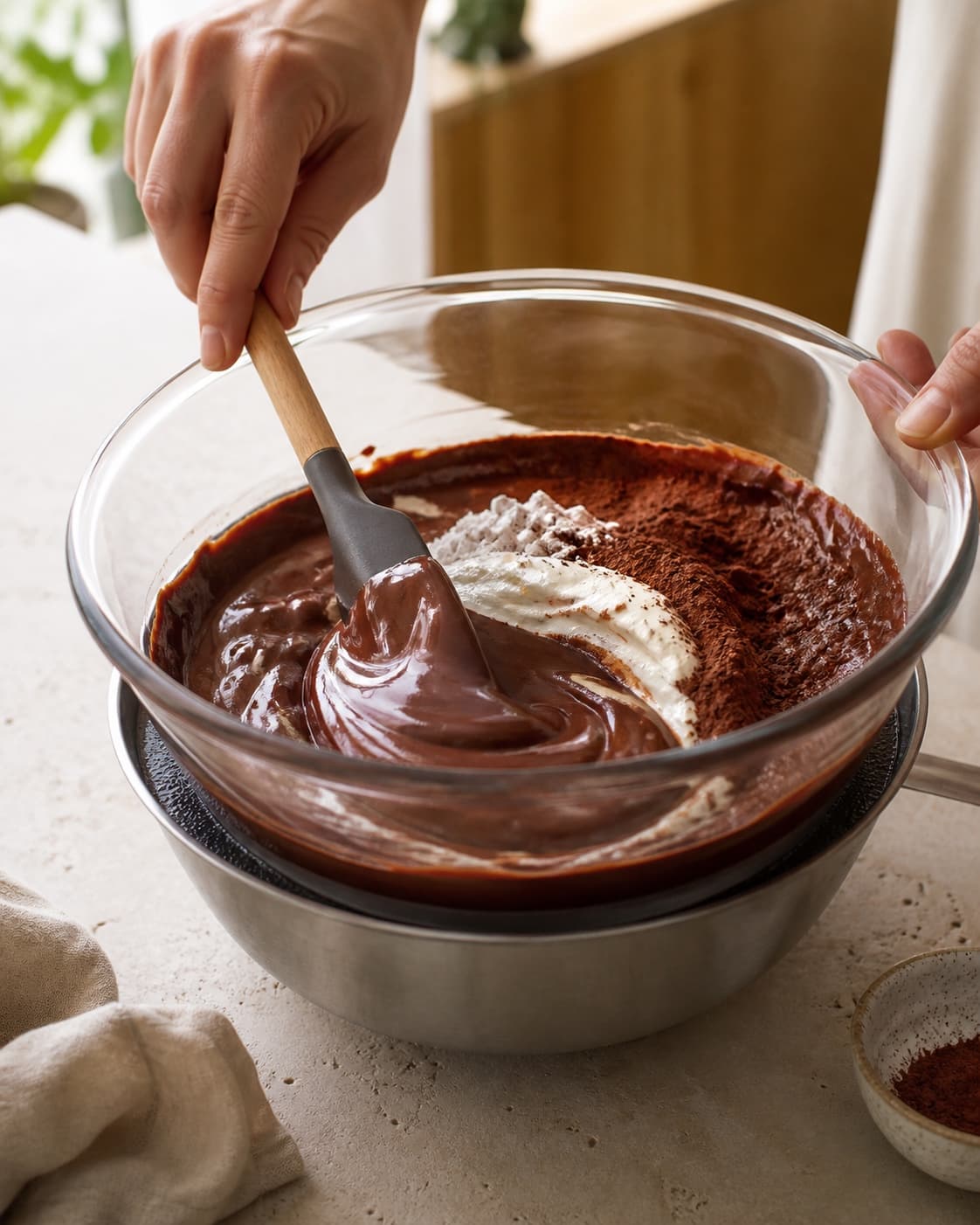 Cremefraiche, sigtet kakao og flormelis foldes roligt i smeltet chokolade og smør til en glat mørk glasur med blød holdbar bølge