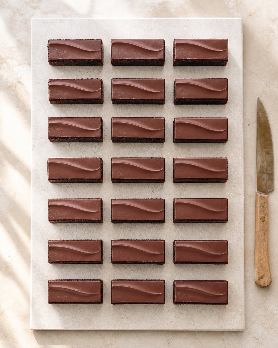 Præcis atten smalle chokoladekagebarer står i seks rækker med tre i hver og har rene snit samt et jævnt mørkt glasurlag med lav bølge