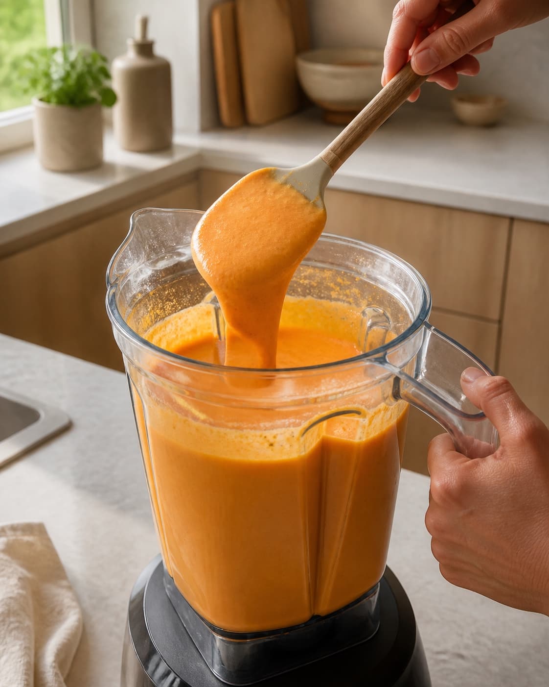 En spartel løfter en tyk jævn orange båndstrøm fra kølig blenderdej af røde linser og gulerod uden hele linser, tråde eller klumper