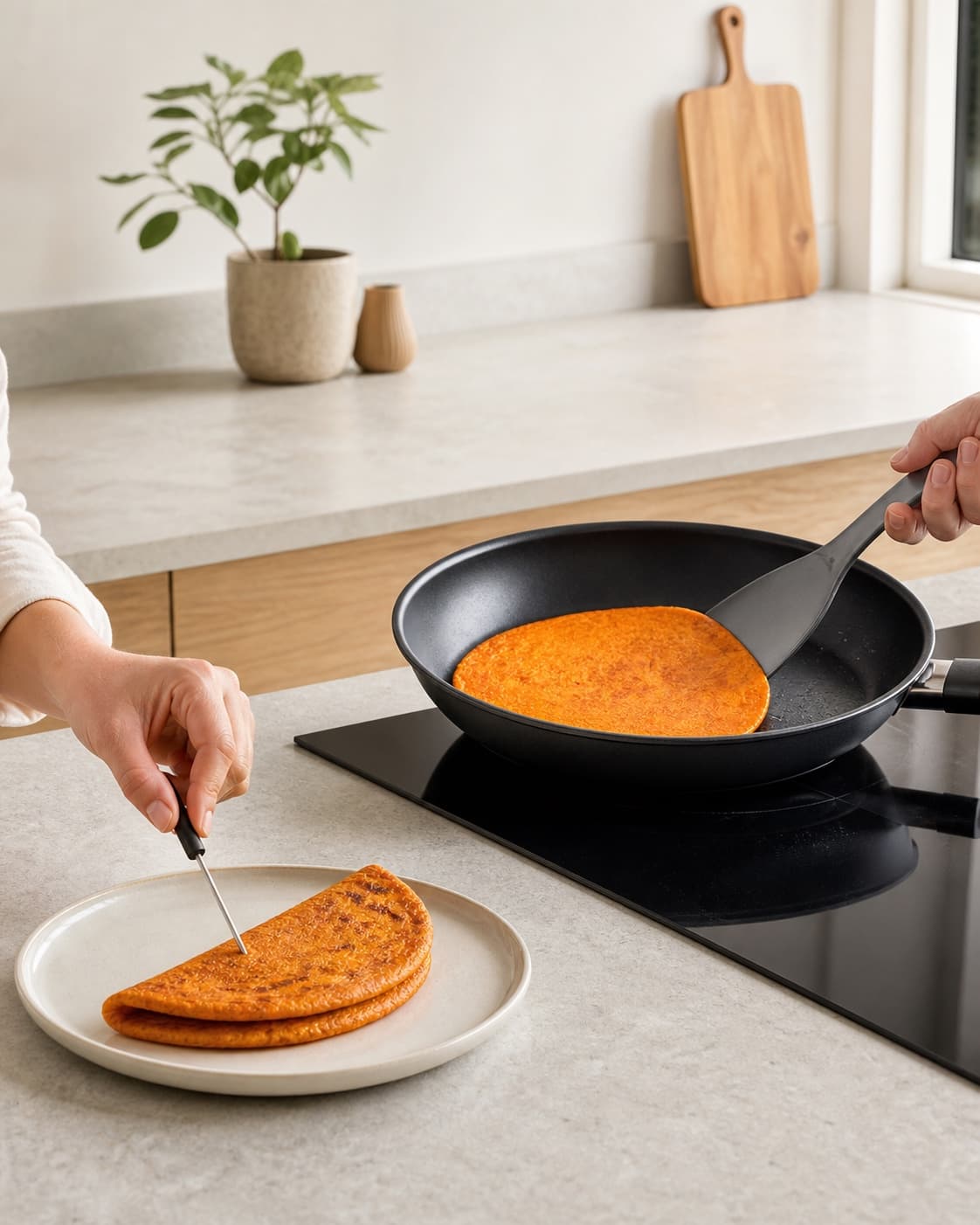En tynd mat orange linsepandekage vendes i en ren pande, mens en færdigstegt foldet pandekage temperaturmåles på en separat ren tallerken