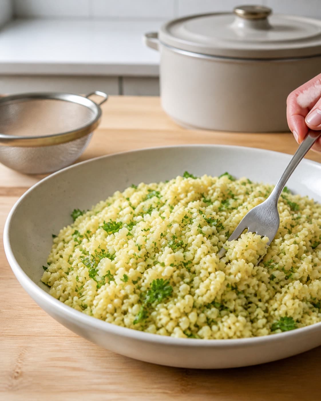 Kogt bulgur luftes med en gaffel til løse adskilte korn uden fri væske og vendes med citronsaft, olivenolie og hakket persille