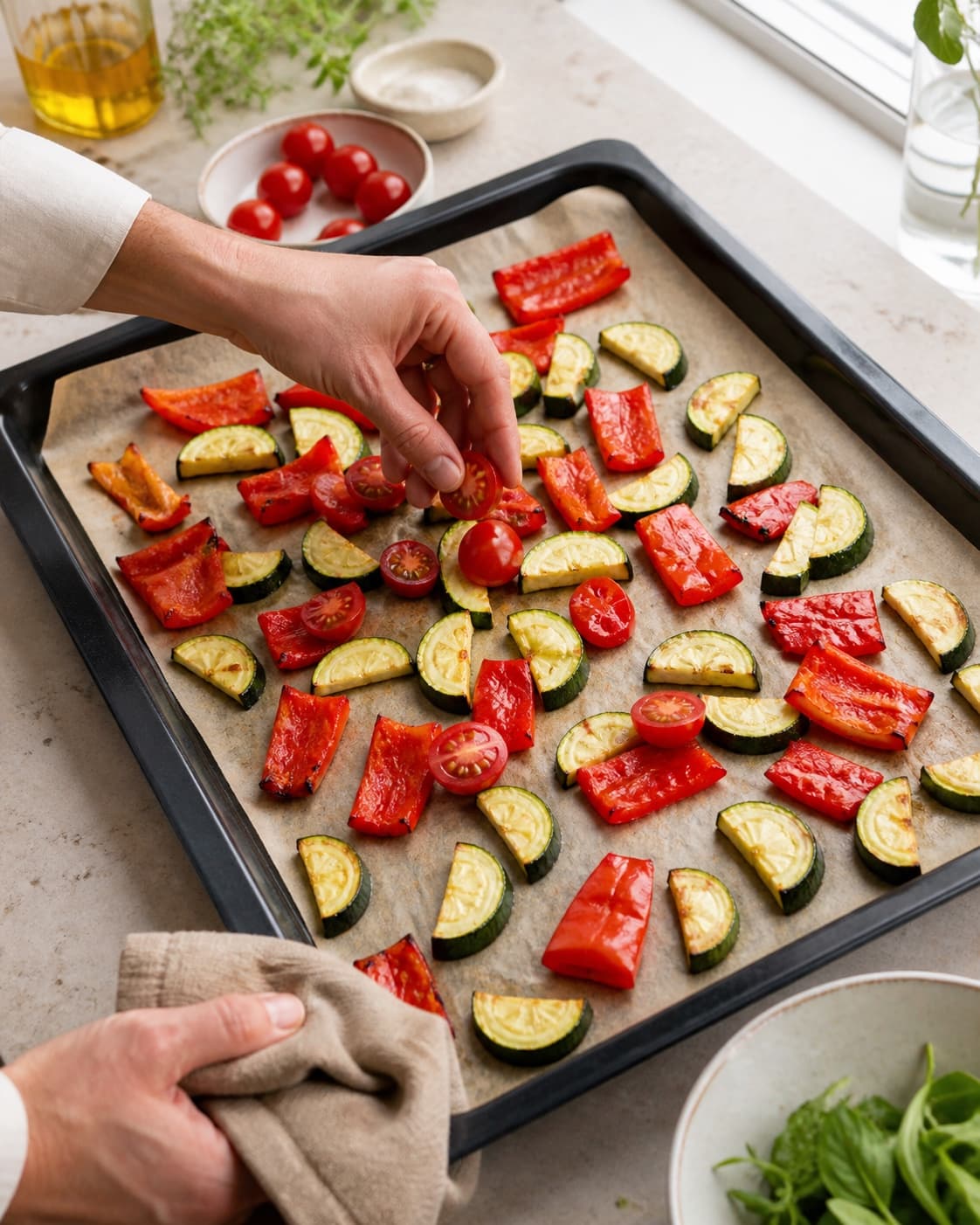 Halverede tomater lægges til brunet courgette og rød peber, som ligger uden overlap i ét tørt lag på den varme bageplade