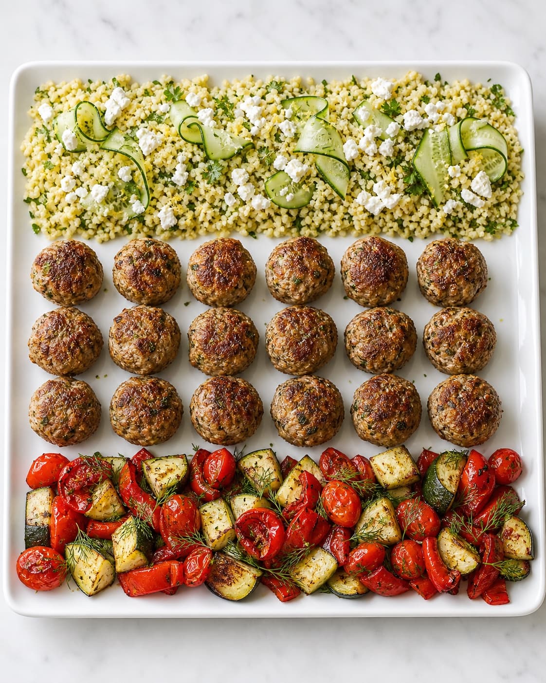 Et rent fad har separate zoner med citronbulgur, præcis atten kødboller i tre rækker med seks og stegte grøntsager med agurk og feta