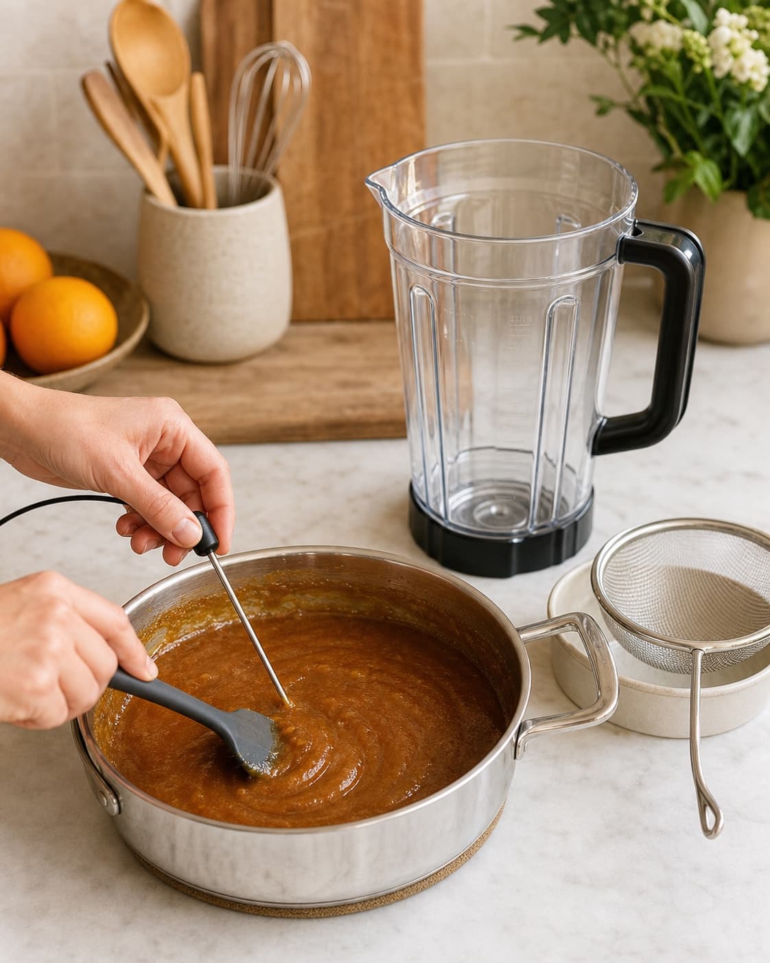 Dadelkaramel omrøres konstant i en bred gryde og måles direkte med probe ved en ren åben blender og si klar til sikker findeling